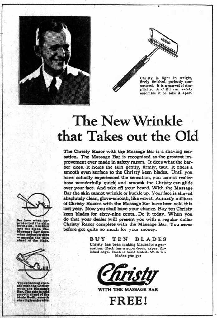 Vintage Newspaper Advertising For The Christy Safety Razor, The Indianapolis Indiana News, July 5, 1927