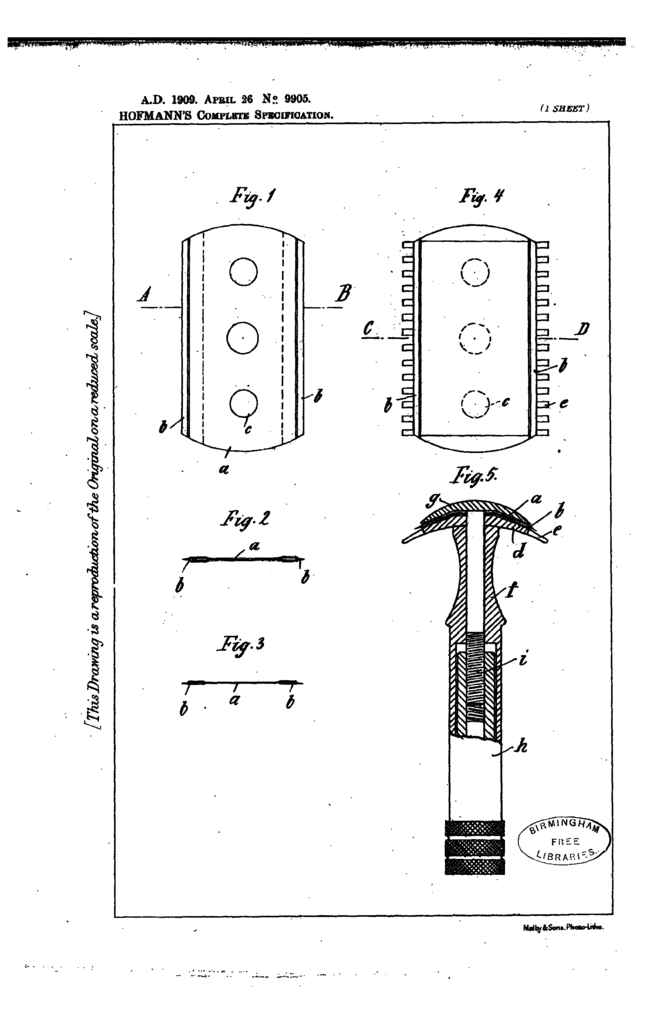 Drawing belonging to GB patent 1909-09905, showing a nice cut through of a Gillette Old Type razor as well as the blade design of Georg Friedrich Hofmann.