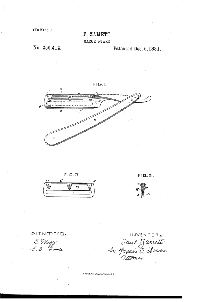 Patent drawing from US patent 250412 showing the razor guard and the razor guard mounted on a straight.