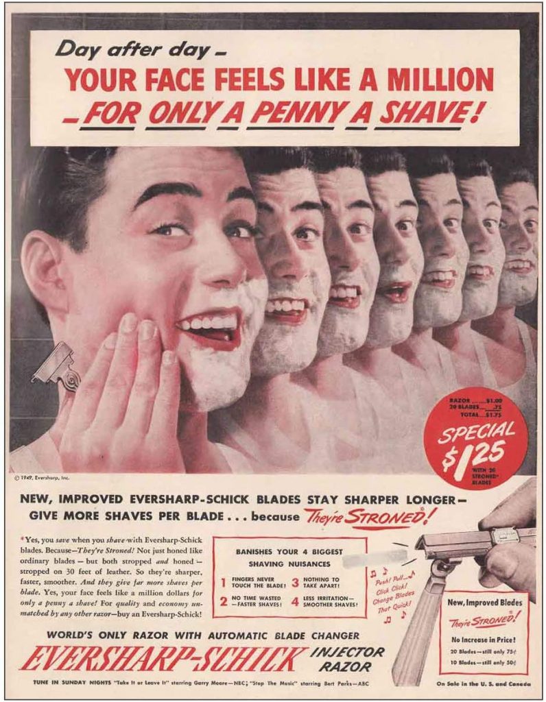 A 1949 advertisement for Eversharp-Schick's stroned blades