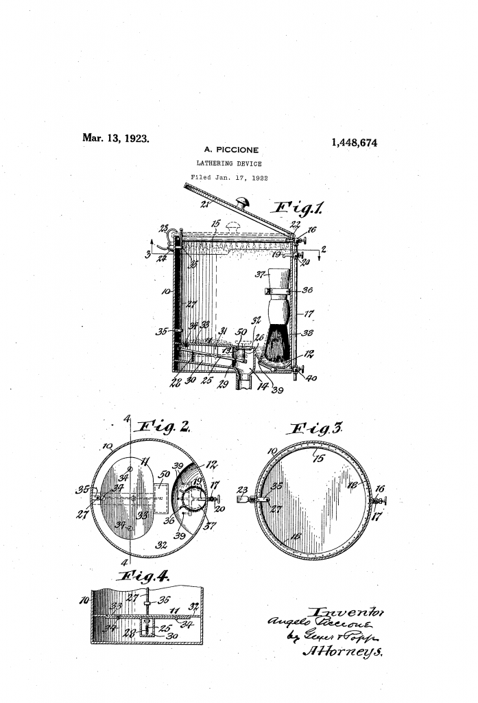 Patent drawing from US patent 1,448,674 showing Angelo Piccione's first lather device.
