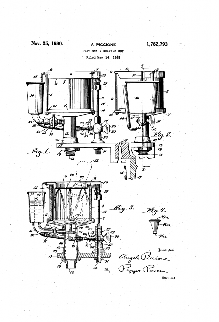 Patent drawing from US patent 1,782,793 - showing A Piccone's stationary shaving cup