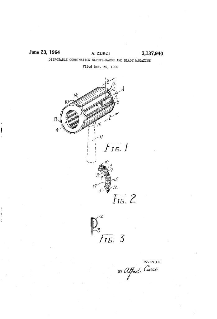 The patent drawing from US patent 3,137,940 - showing Mr Afred Curci's revolving razor