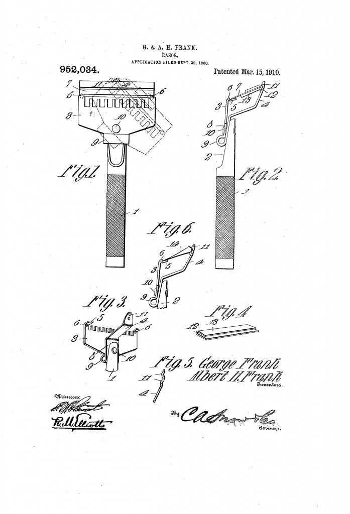 Patent drawing for the Scimitar razor. Note the flat steel blade in Fig 2, the blade holder in Fig 4, and the wedge blade in Fig 6
