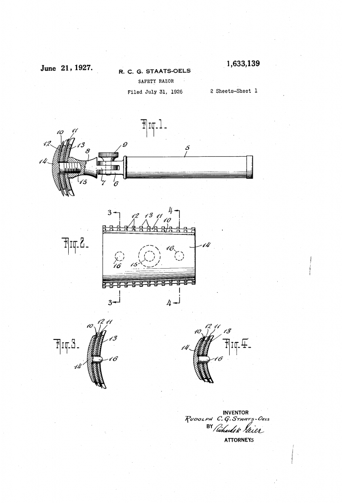 Drawing of Staats-Oels' two blade double edged slant razor from US patent 1,633,139