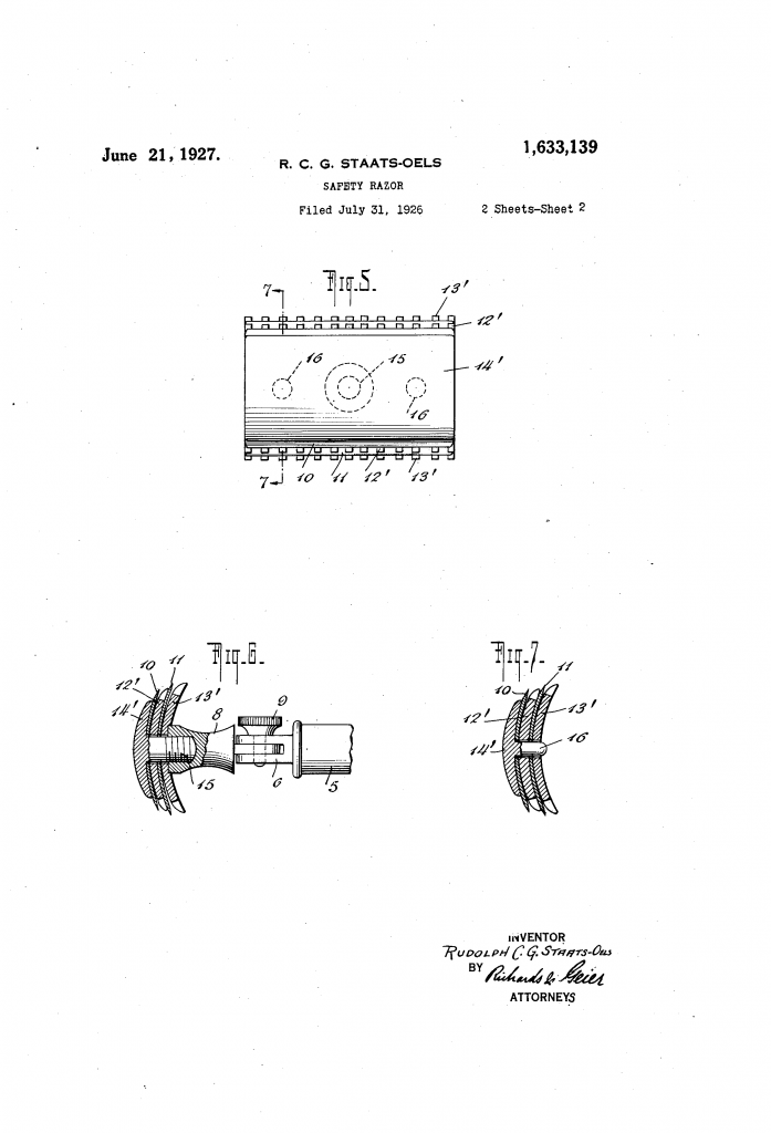 Drawing of Staats-Oels' two blade double edged slant razor without the slant from US patent 1,633,139
