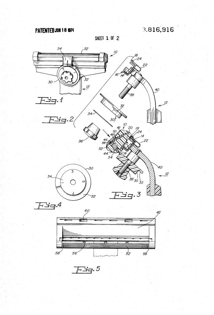 Patent drawing from US patent 3,816,916, showing the preferred method of making adjustable razors