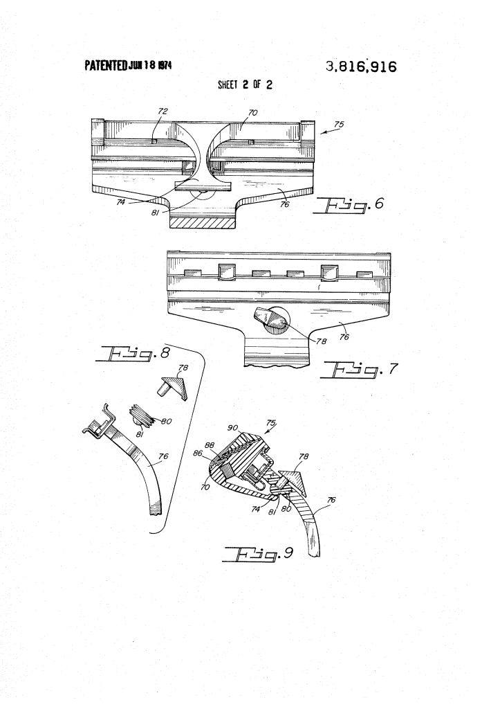Patent drawing from US patent 3,816,916, showing the second method of making adjustable razors