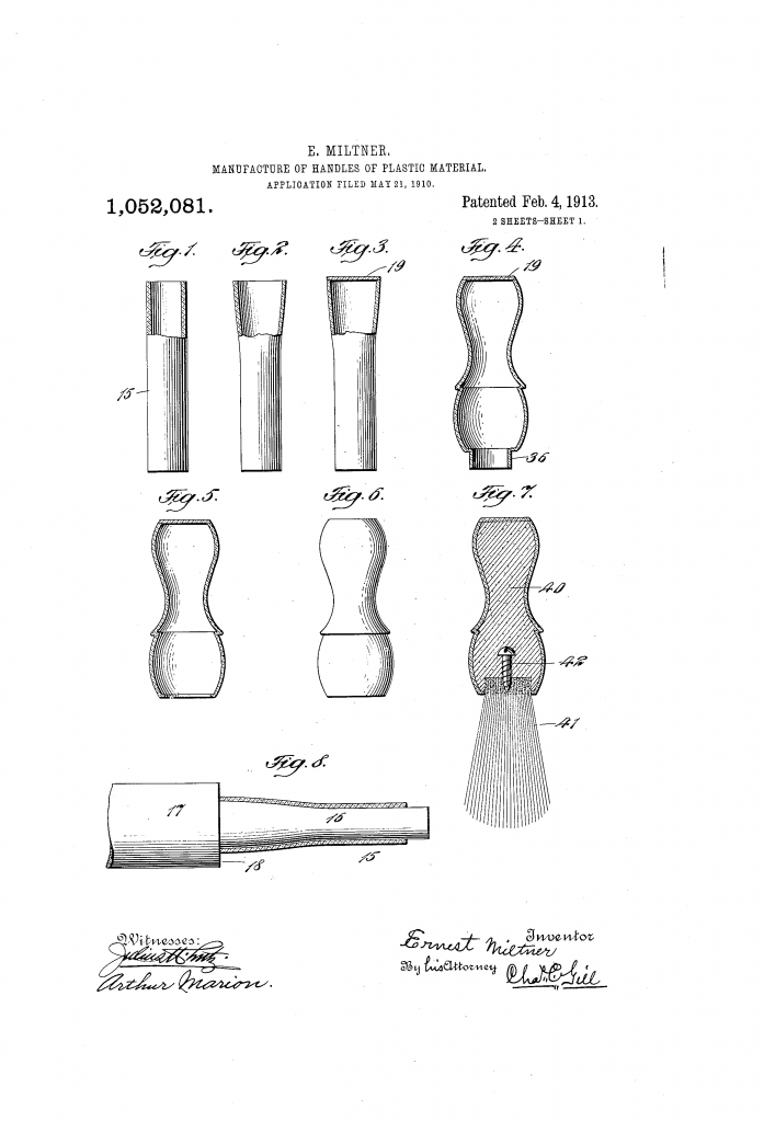 First patent drawing from US patent 1,052,081, showing how to make a celluloid shaving brush handle.