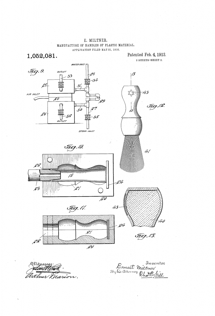 Second patent drawing from US patent 1,052,081, showing how to make a celluloid shaving brush handle.