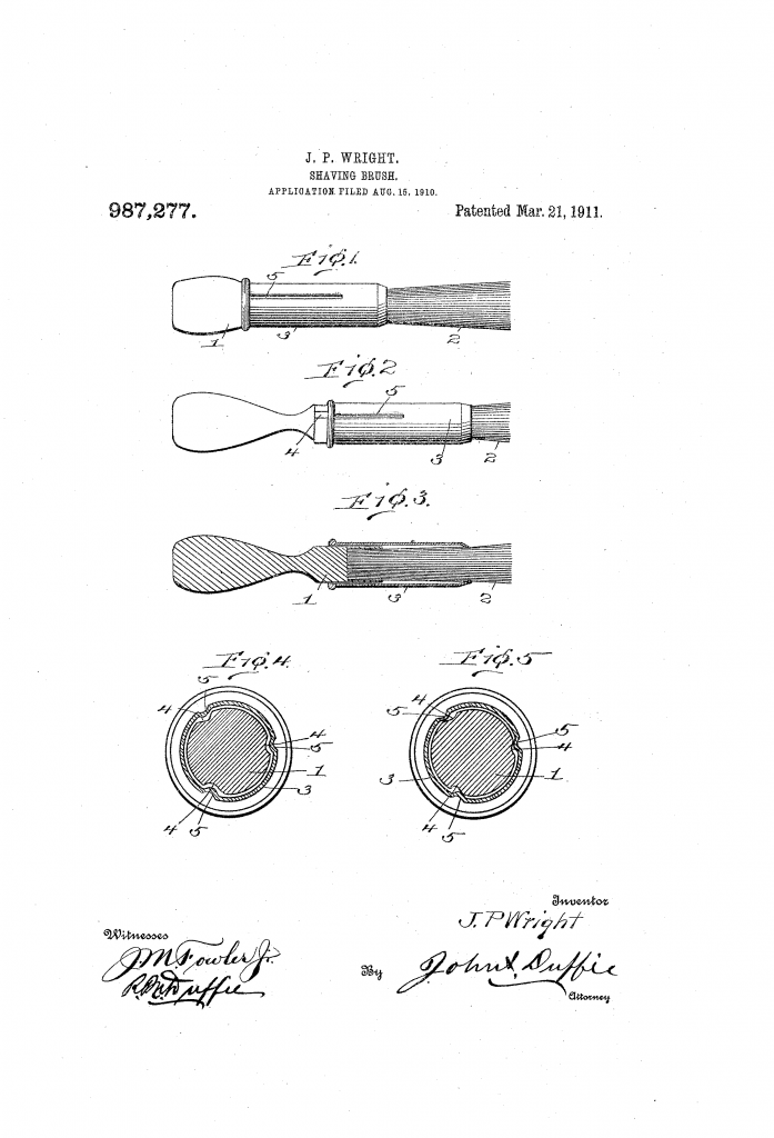 Patent drawing from US patent 987,277, showing the adjustable shaving brush
