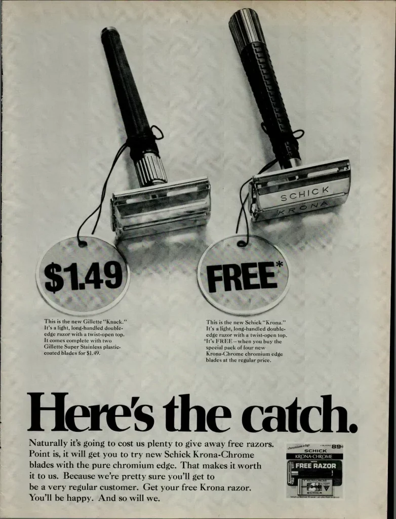 A honest 1968 Schick advertisement, comparing the 1.49$ Gillette Knack with the free* Schick Krona.
