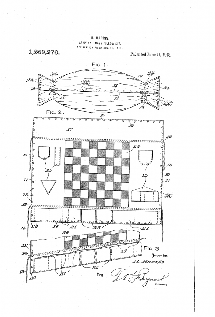 Patent drawing for US patent 1,269,276 showing the Army and Navy Pillow Kit.