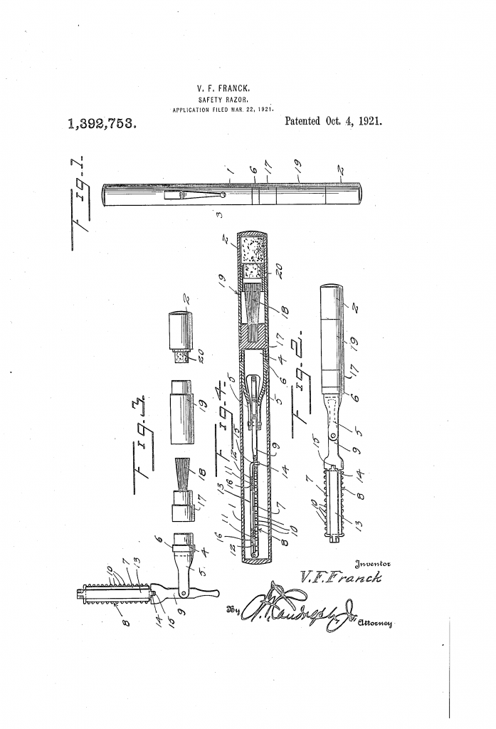 Patent drawing from US patent 1,392,753 showing the pen style shavette in all its narrow glory.