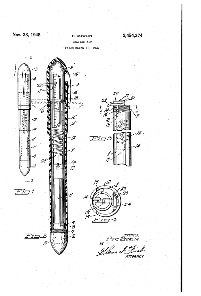 Patent drawing for US patent 2,4454,374 showing Pete Bowlin's shaving kit