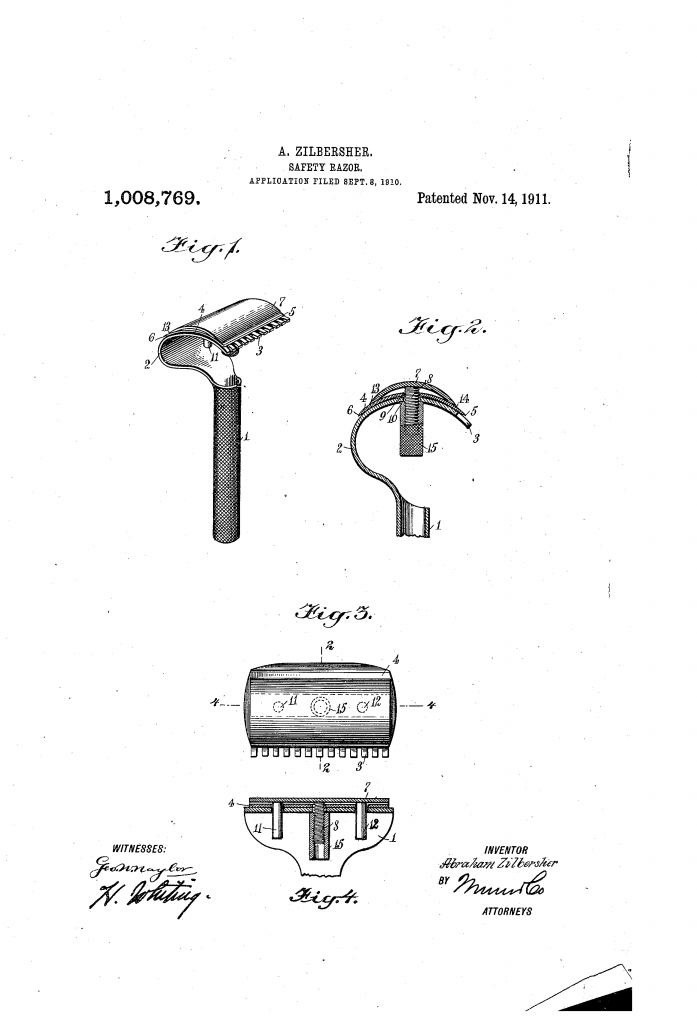 The patent drawing from US 1,008,769, showing the safety razor for worn down blades invented by Zilbersher