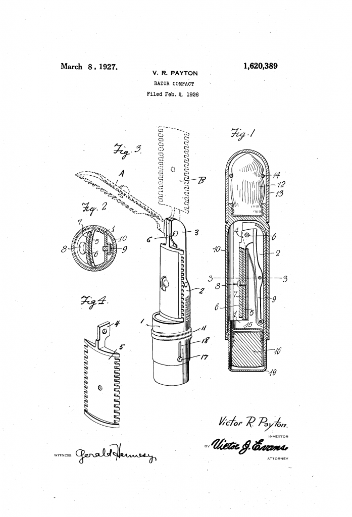 The patent drawing for Payton's compact razor patent, US 1,620,389