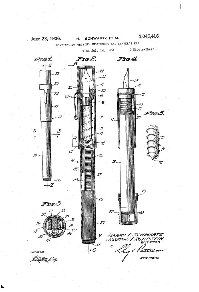 Sheet one of the patent drawing for US patent 2,045,416 - combination writing instrument and shaver's kit