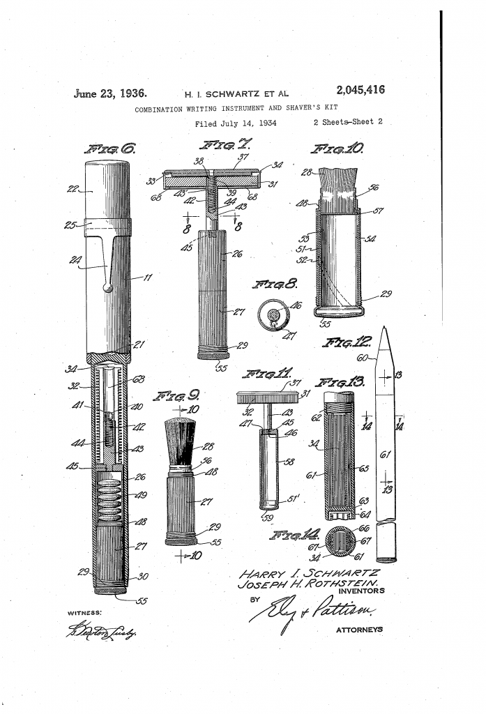 Sheet two
 of the patent drawing for US patent 2,045,416 - combination writing instrument and shaver's kit