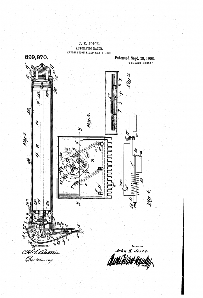First sheet of patent drawing for Joice's automatic razor.