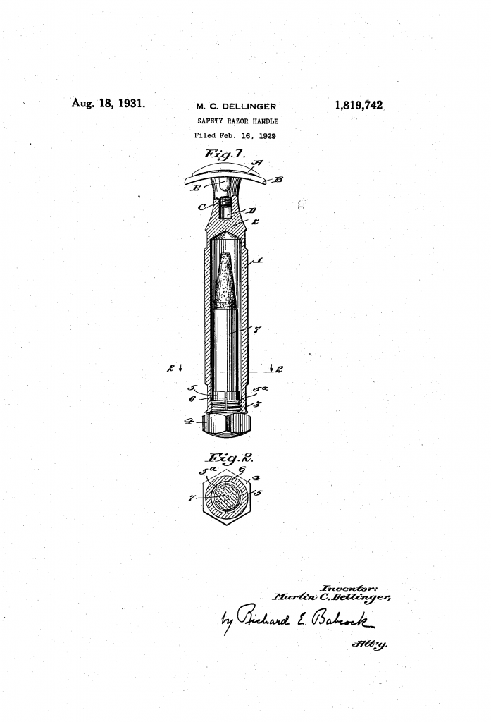 Shaving aid stored in the razor handle, as depicted by the patent drawing from US patent 1,819,742