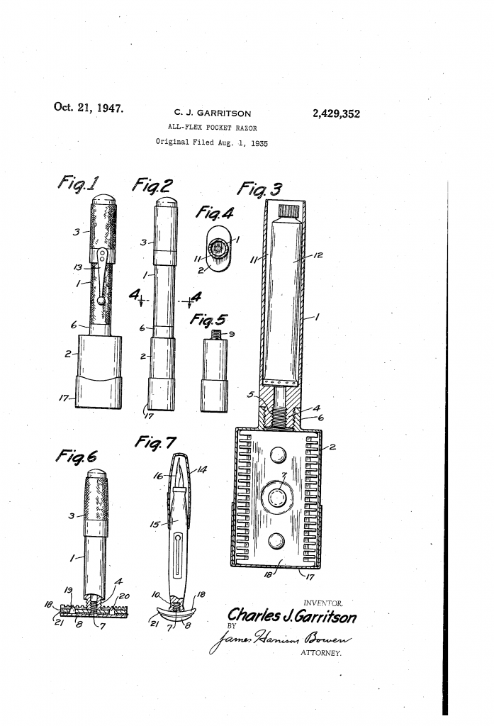 Patent drawing for the all-flex pocket razor