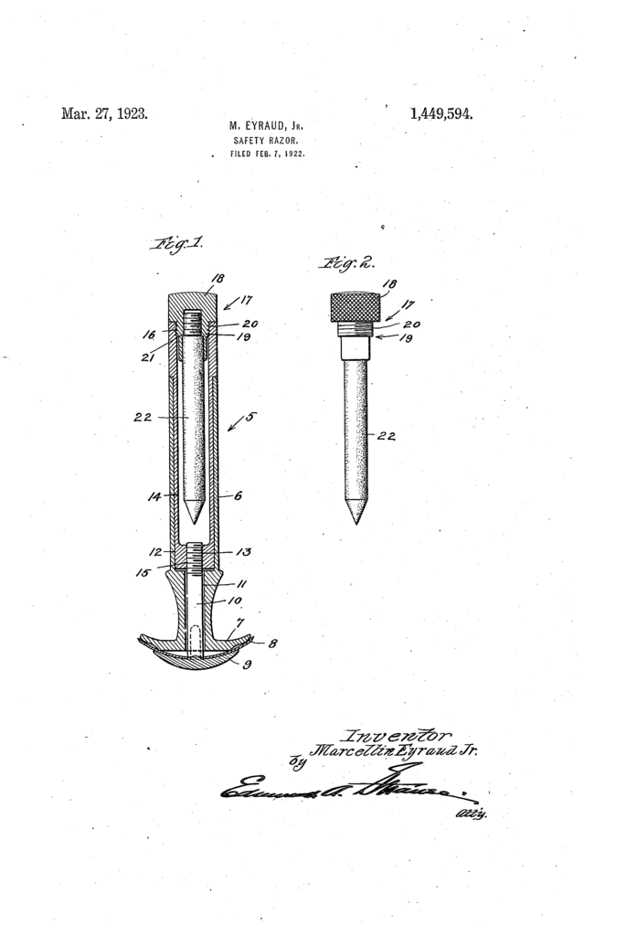 Patent drawing from US patent 1,449,594, showing the styptic pencil stored in the handle of the razor