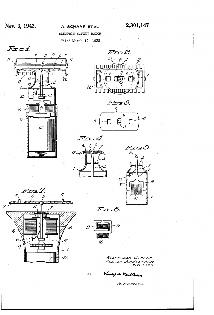 Patent drawing for US patent 2,301,147, for an electric safety razor using a replaceable battery.