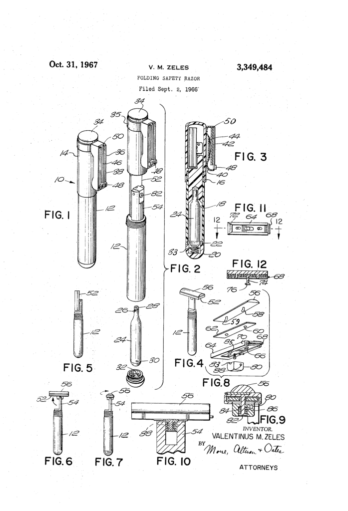 Patent drawing for Mr Zeles' folding safety razor