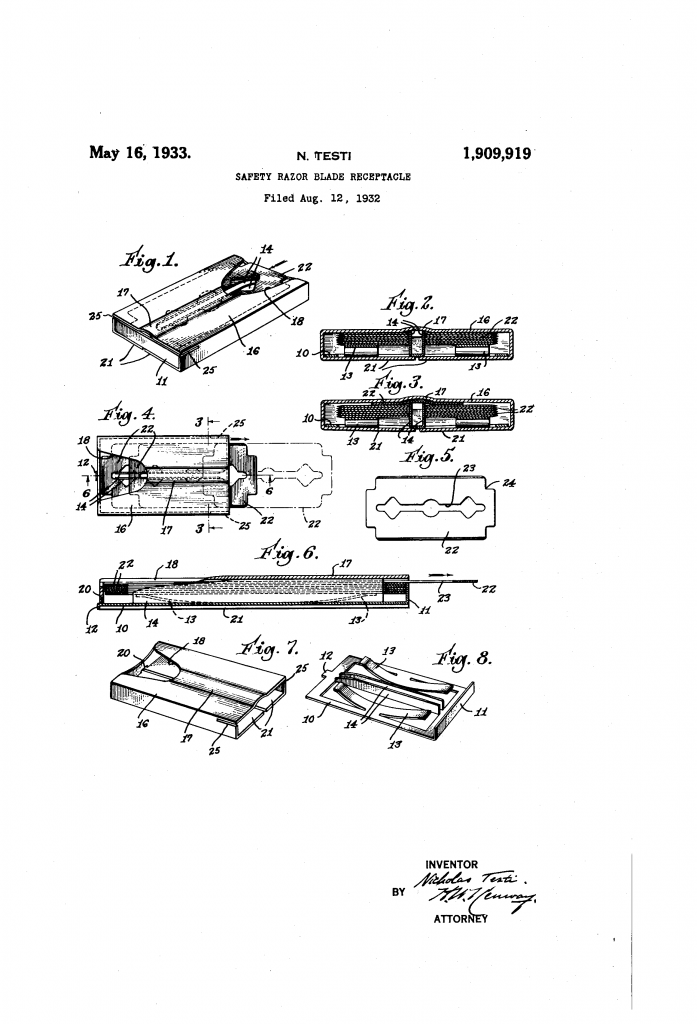 Patent drawing from US patent 1,909,919, showing Nicolas Testi's safety razor blade receptacle