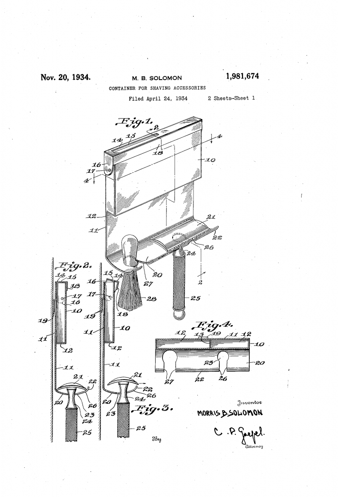 Patent drawing for US patent 1,981,674, sheet 2, showing the container for shaving accessories