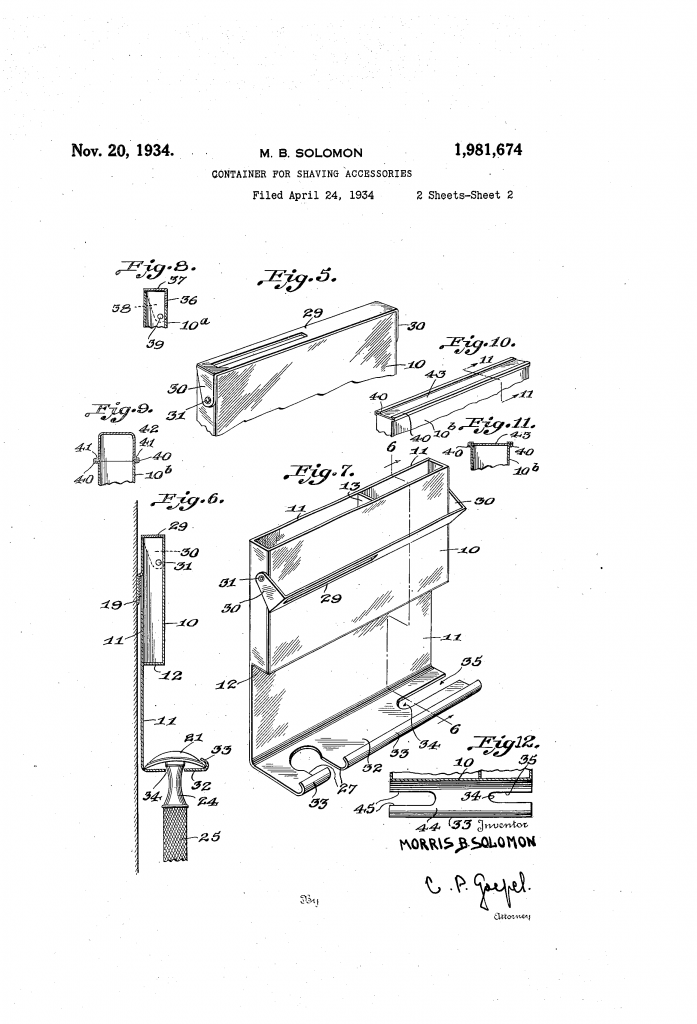 Patent drawing for US patent 1,981,674, sheet 2, showing variations on the container for shaving accessories