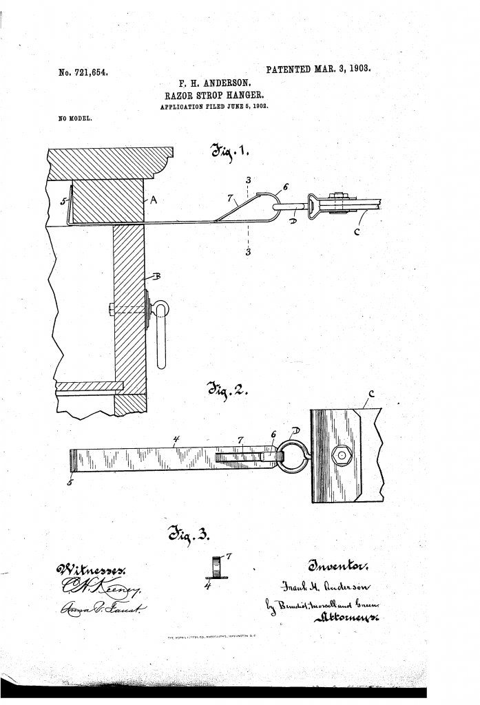 Frank H Anderson's portable razor strop hanger, from US patent 721,654