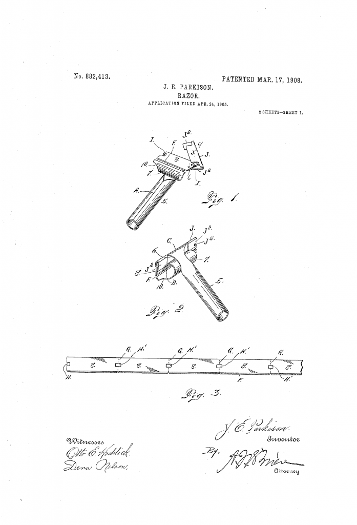 Sheet one of the patent drawings from US patent 882,413 showing the constriction of a folded sheet metal razor