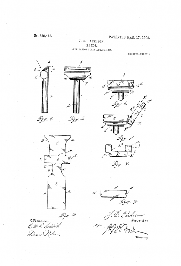 Sheet two of the patent drawings from US patent 882,413 showing the constriction of a folded sheet metal razor