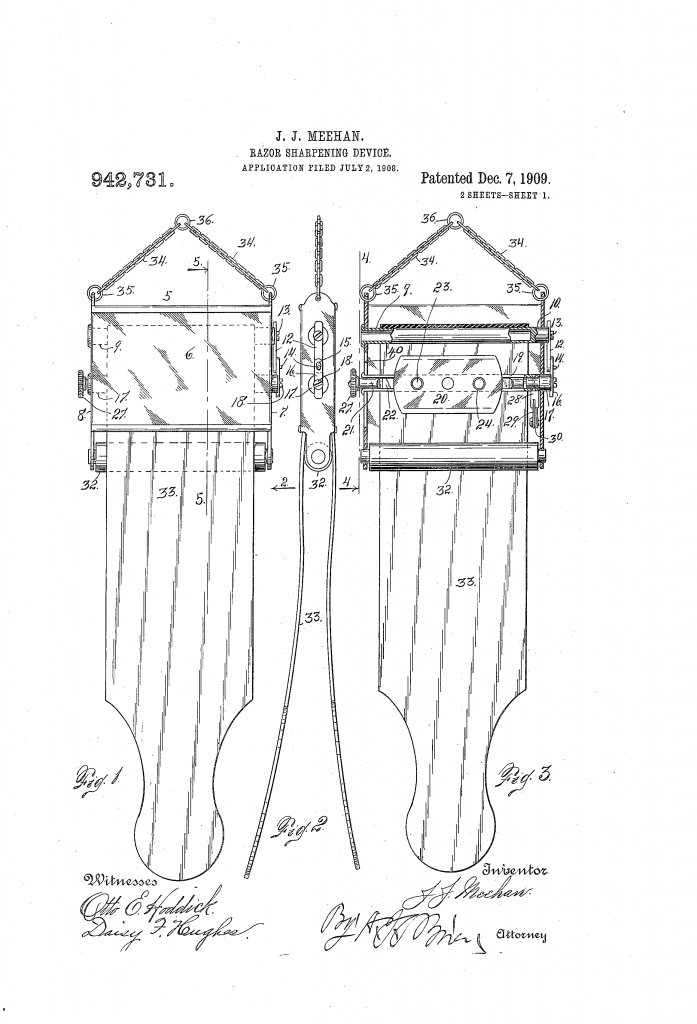 Patent drawing for the first razor blade stropper invented by John J Meehan