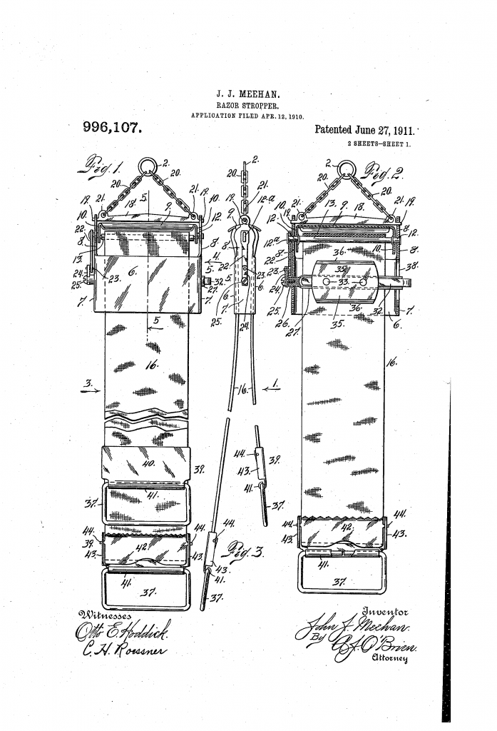 Patent drawing for the second razor blade stropper invented by John J Meehan