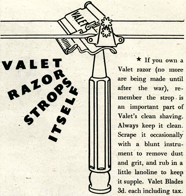 A 1944 advertisement for the Valet razor that strops itself.