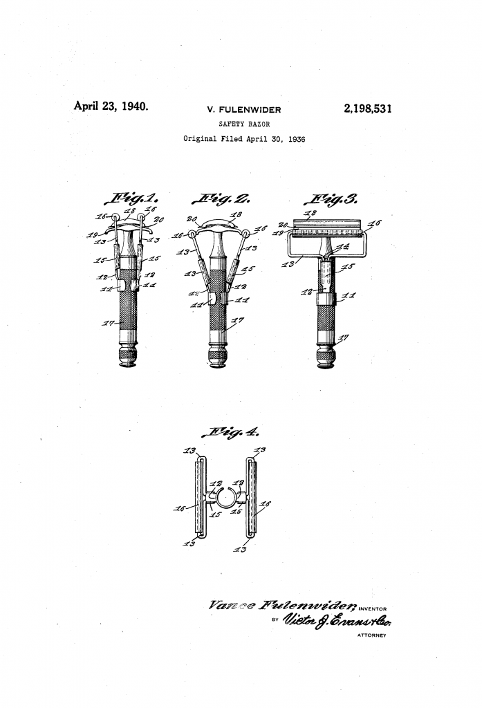 Patent drawing showing Vance Fulenwider's  skin stretching and lather spreading attachment for a safety razor.