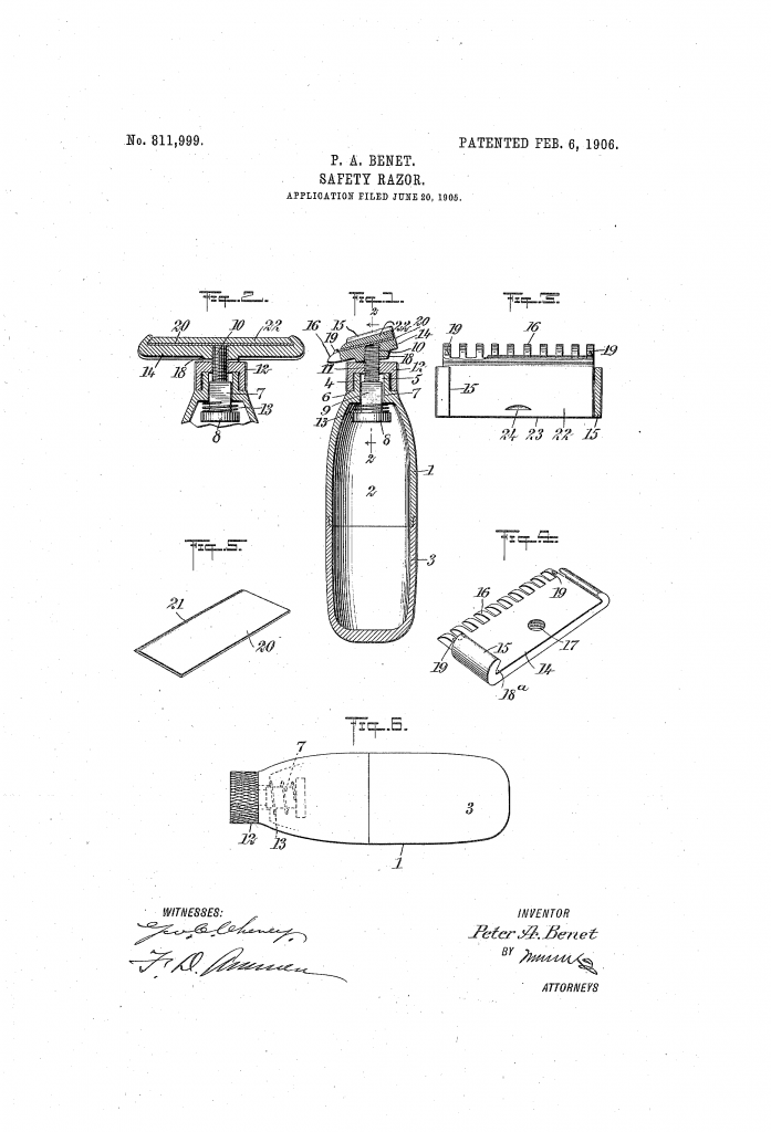 Patent drawing showing the pocket safety razor of P A Benet, patented in 1906