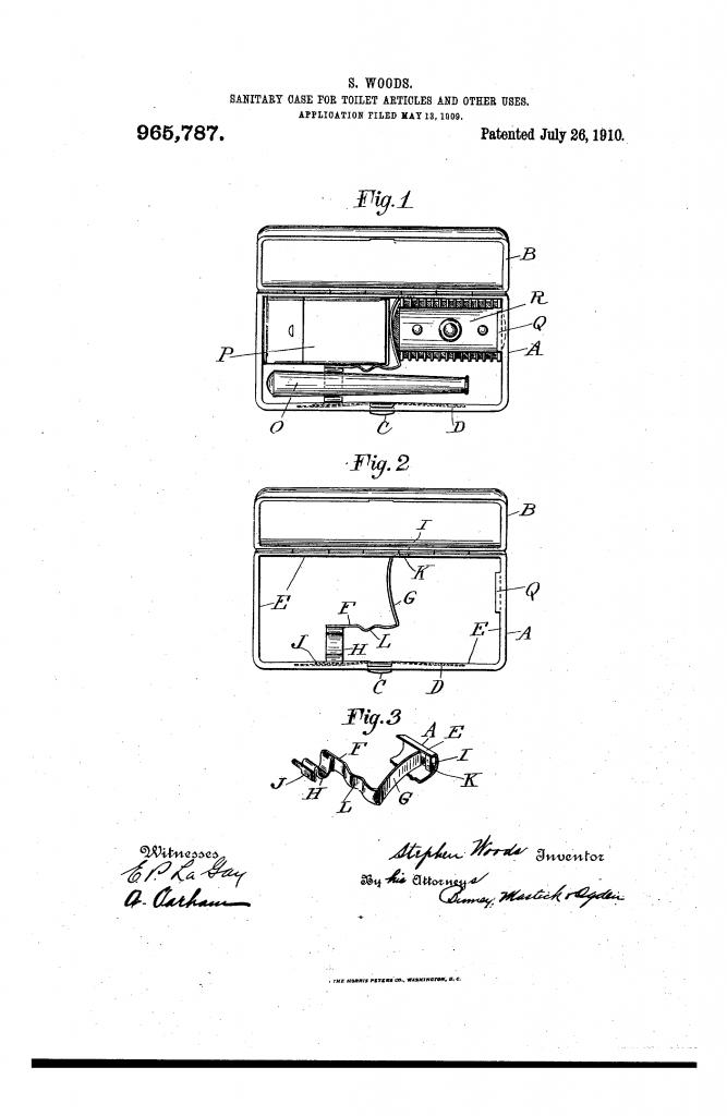 Patent drawing from US patent 965,787 showing Mr S Woods' sanitary case for toilet articles and other uses.