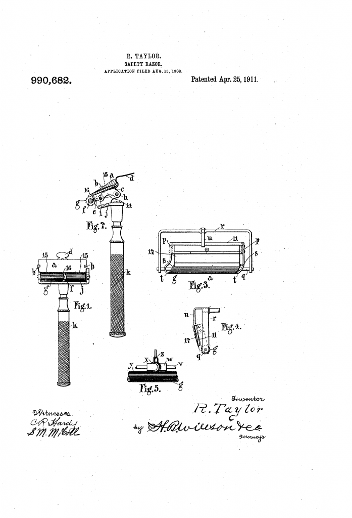 Patent drawing showing Robert Taylor's reciprocating razor.