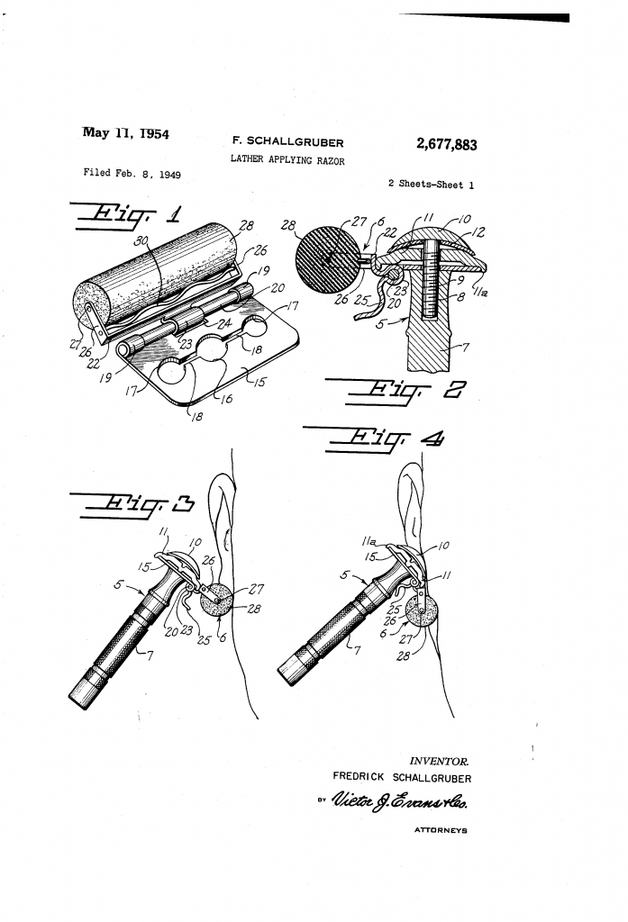 Sheet one of the patent drawings for the lather applying razor