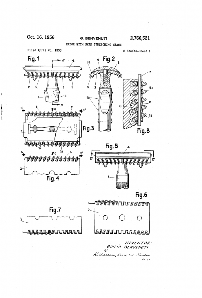 First sheet of the patent drawing showing the razor with skin stretching means