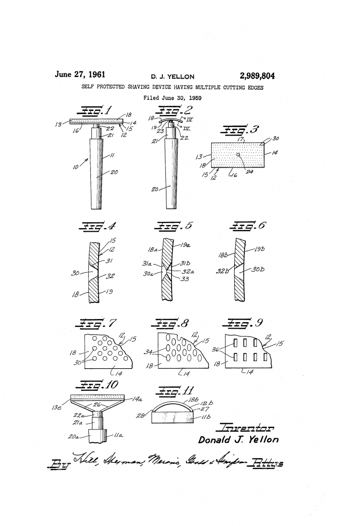 Patent drawing of Donald J Yellon's self protected shaving device having multiple cutting edges