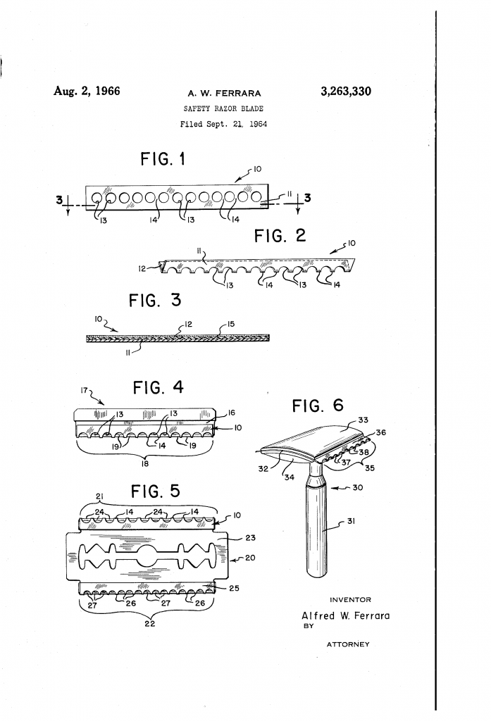 Patent drawing showing the safety razor blade and dedicated razor for it.