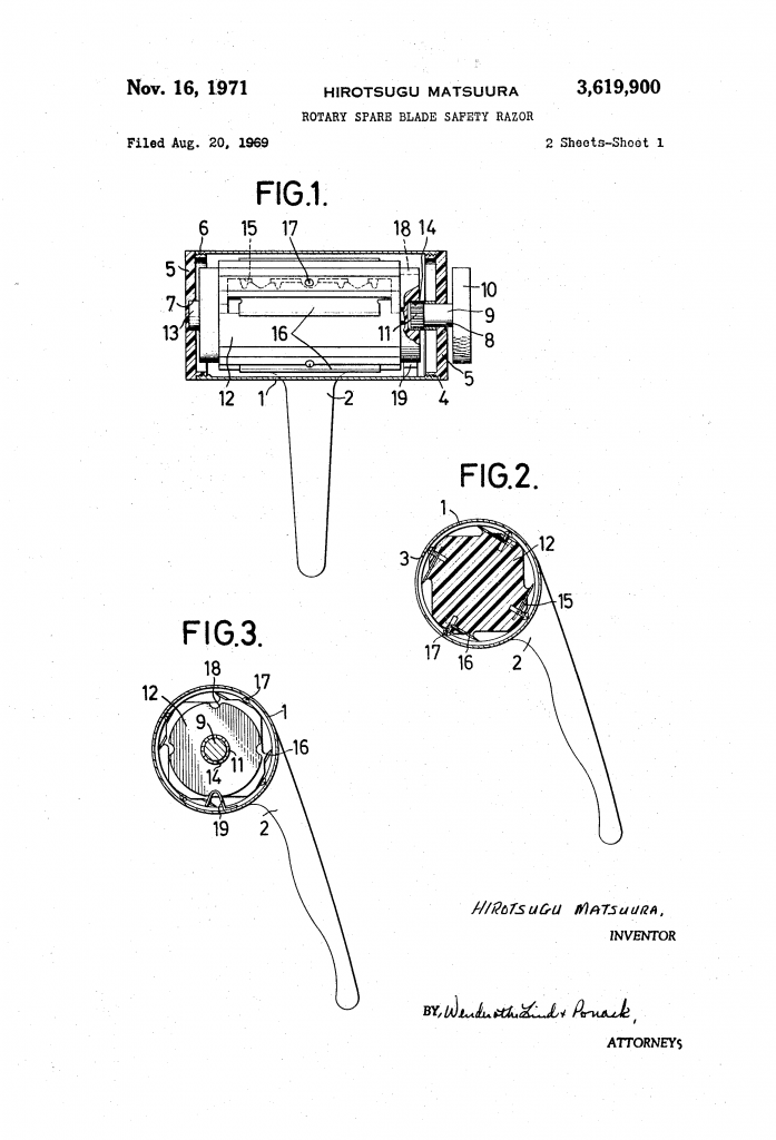 Sheet one of the patent drawing for Matsuura's rotary spare blade safety razor