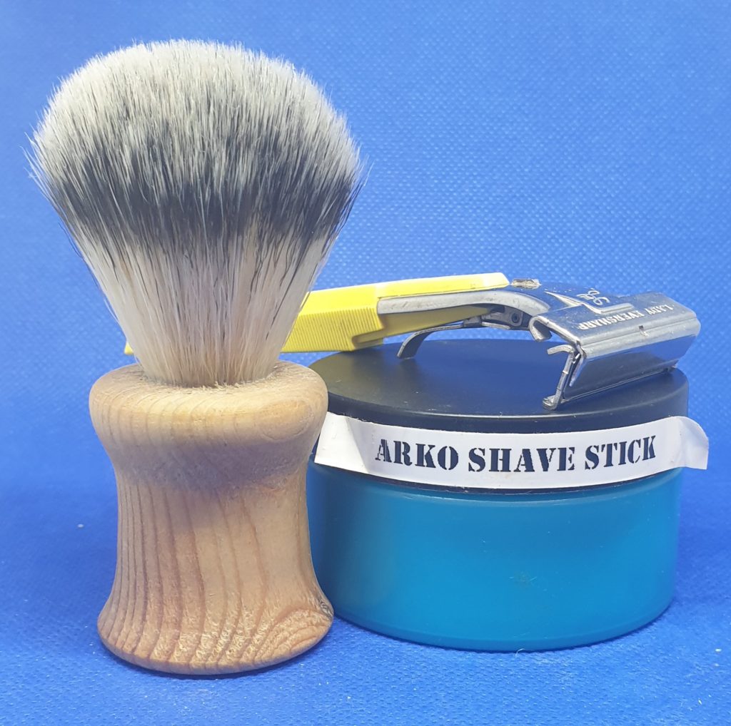 SOTD: home made brush, arko shave stick mashed into a soap bowl, and a injector razor from early 70s.