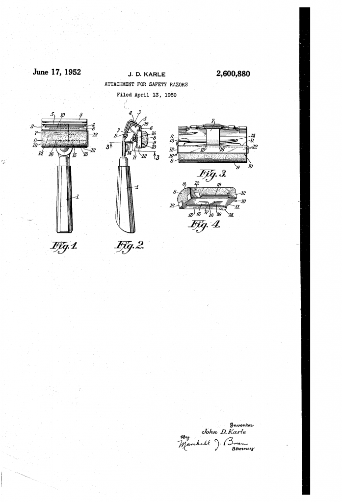 Patent drawing showing John D Karle's attachment for Schick injector razors.