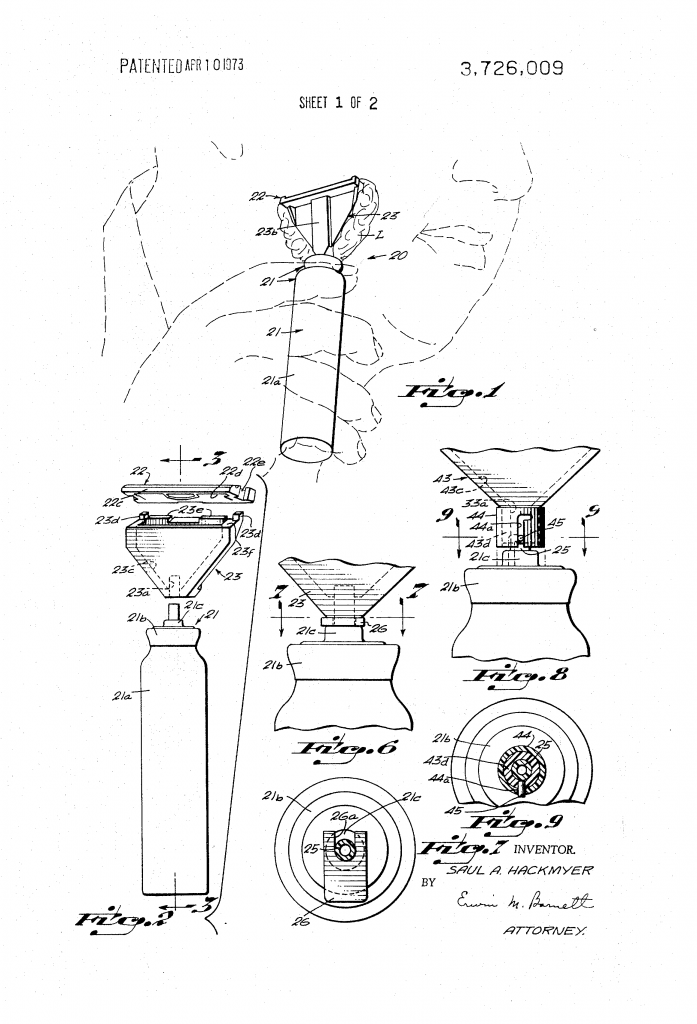 Sheet one of the patent drawing for US patent 3,726,009 showing the self-lathering razor invented by Saul Hackmyer.